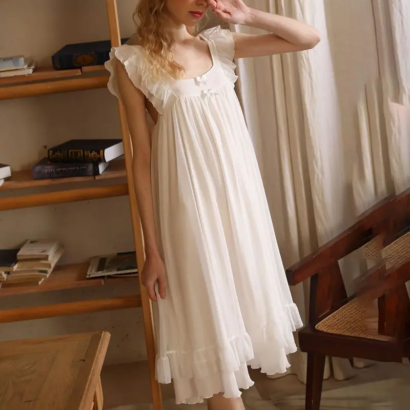 Retro Bow Nightdress 2022 New Pajamas Women\'s Summer Sleeveless Nightgown Sweet Fairy Palace Style White Dress Pajama for Female