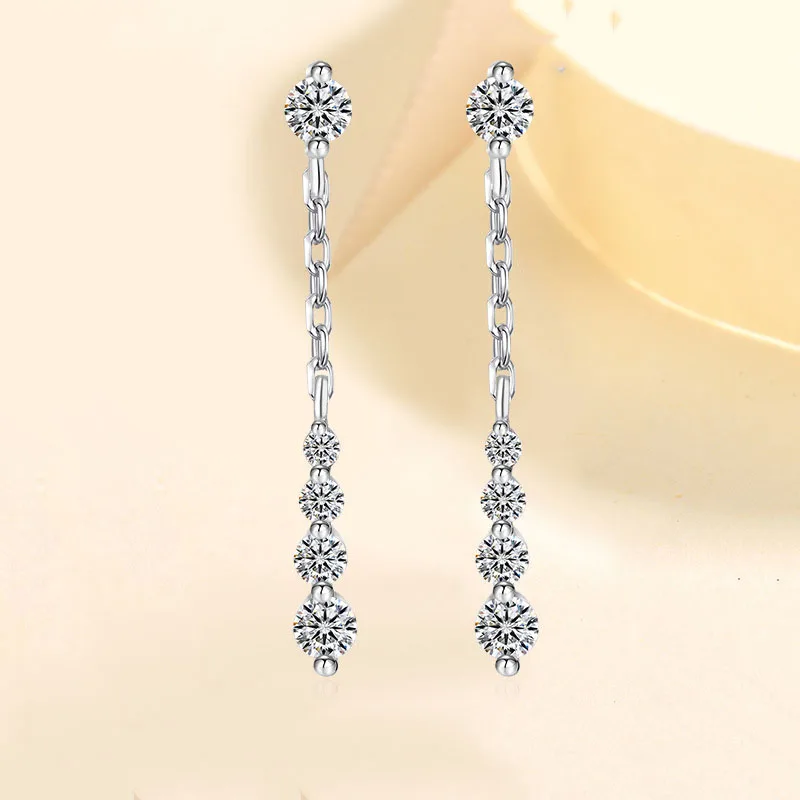 JECIRCON S925 Sterling Silver Full Moissanite Studs Long Ultra-shiny Advanced Face-modifying Drop Earrings Tassel Ear Jewelry