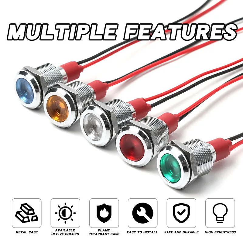 12mm Metal Indicator Light LED Waterproof signal Light with Wire Power 3V6V12v24v220v Red Green Yellow Blue White