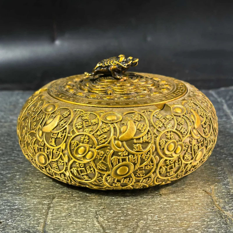 Pure brass dragon and phoenix with lid, treasure bowl ashtray, home living room office decoration