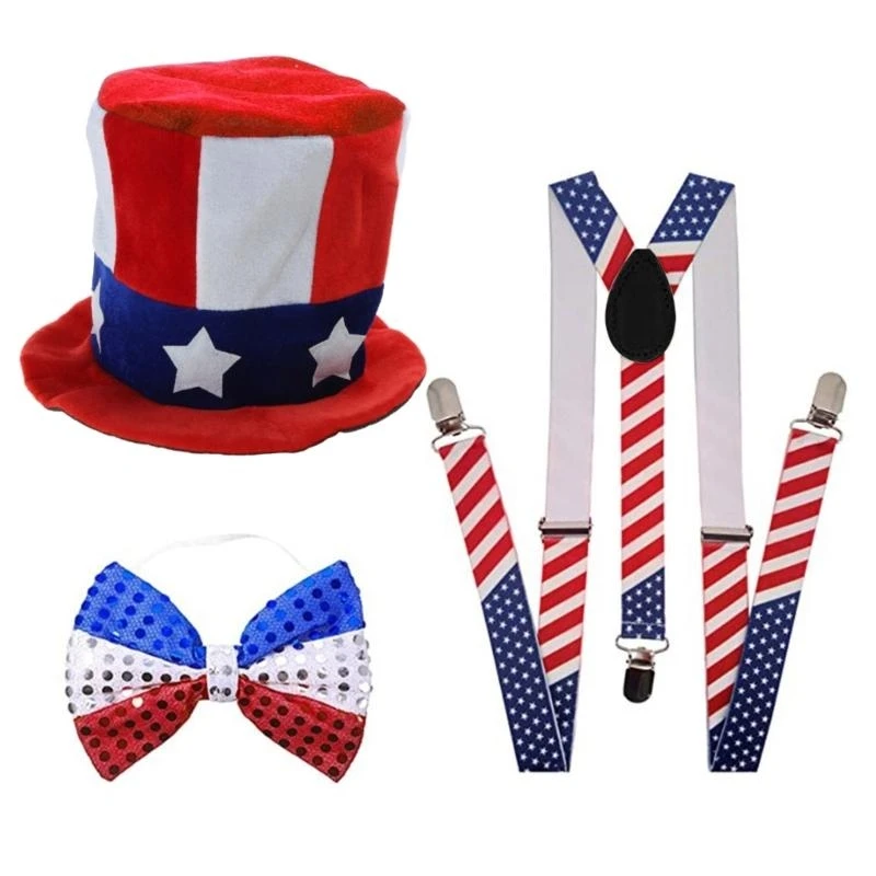 

E21F Independance Day Costume Top Hat Sequins Hat Headband Necklaces Stockings