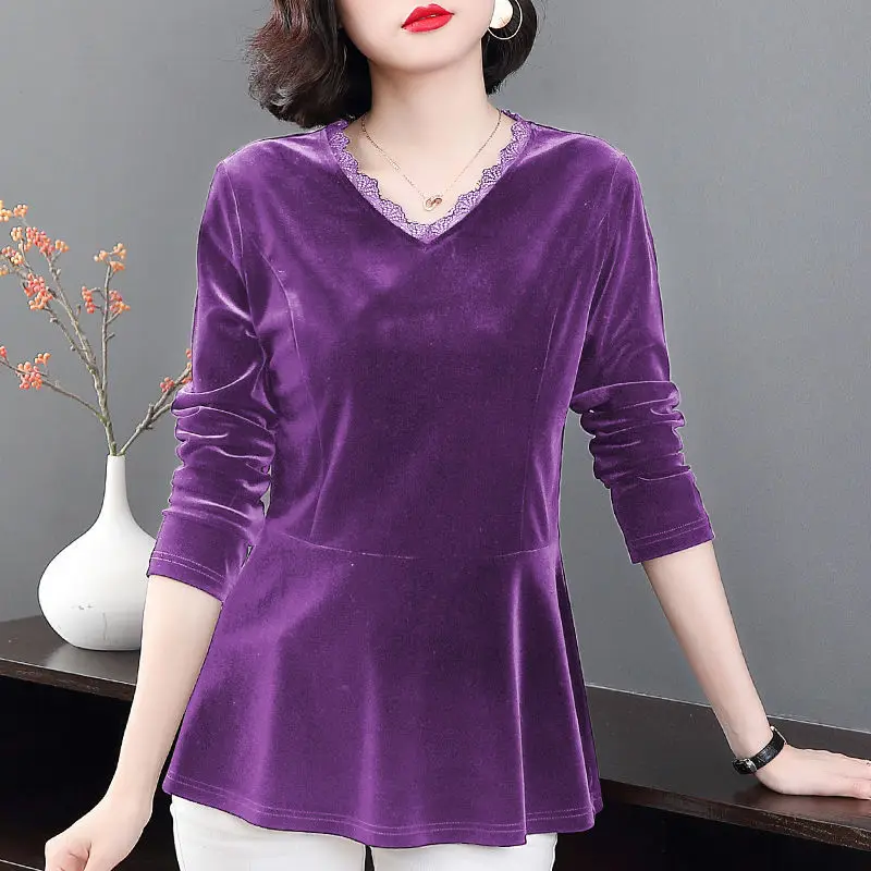 Casual Solid Color Pleuche Shirt Women\'s Clothing Commute Slim Waist Autumn Winter Elegant V-Neck Stylish Lace Spliced Blouse