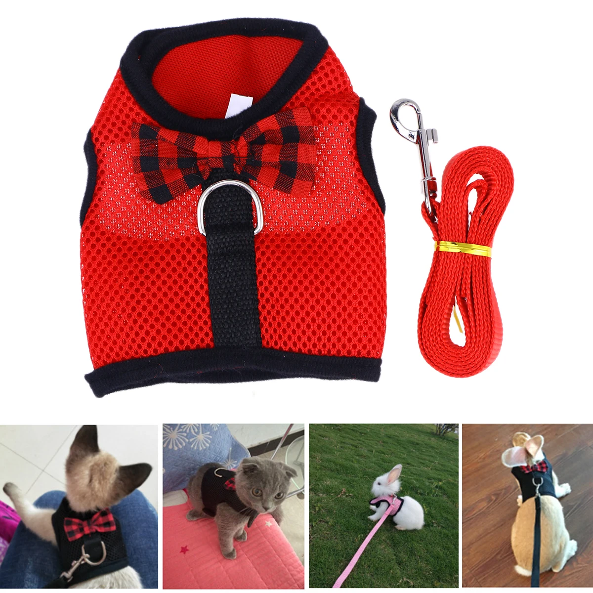 

Pet Breathable Mesh Fabric Harness Red M Cute Bow Design Lightweight Small Animal Vest Leash Pet Supplies Harness with Leash