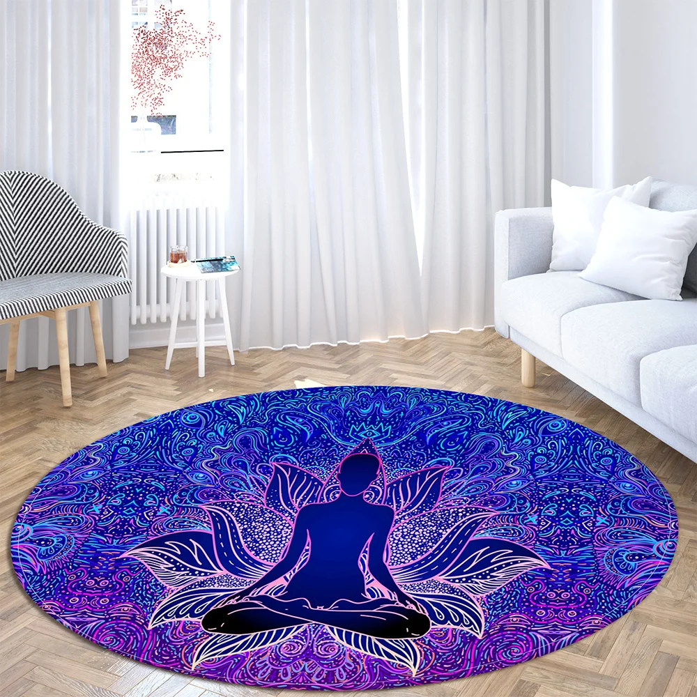 Indian Buddha Statue Round Carpet Meditation 7 Chakra Floor Mat Bedroom Living Room Printed Yoga  Anti-Slip