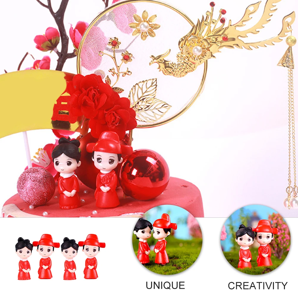 

4 pcs Vintage Couple Figurines Cake Toppers Decor For Wedding Birthday Party Cake Ornament Desktop Micro Landscape Decoration