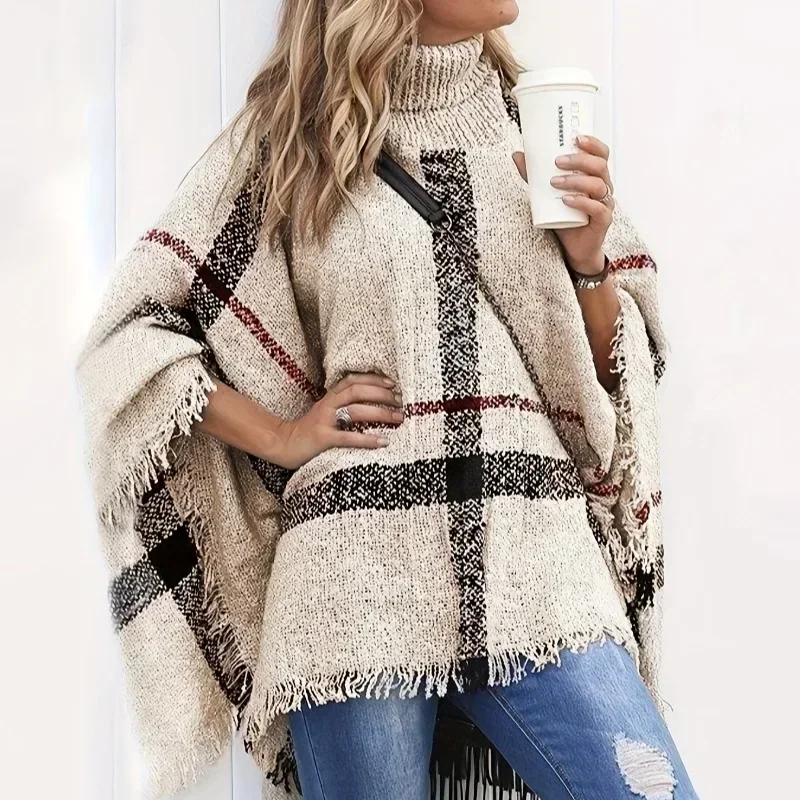 

Winter Women Loose Striped Coat Jacket Cozy Plus Size Plaid Shawl Knit Turtleneck Sweater Pullover Capes Ponchos