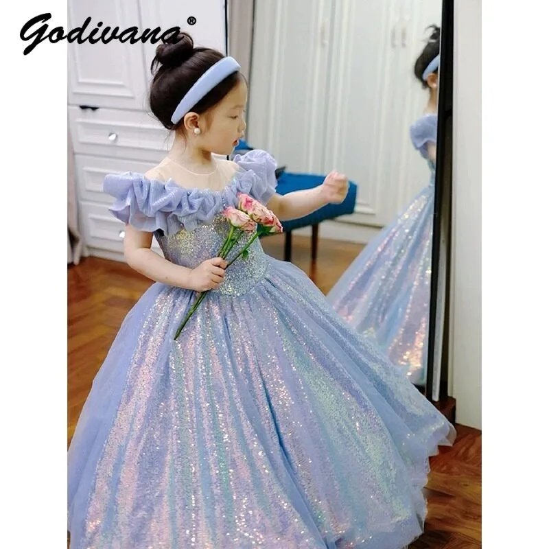 

Cute Little Girls Blue Prom Dress Fashion Princess Girl Party Dresses Birthday Mesh Short Sleeve Wedding Flower Baby Girl Dress