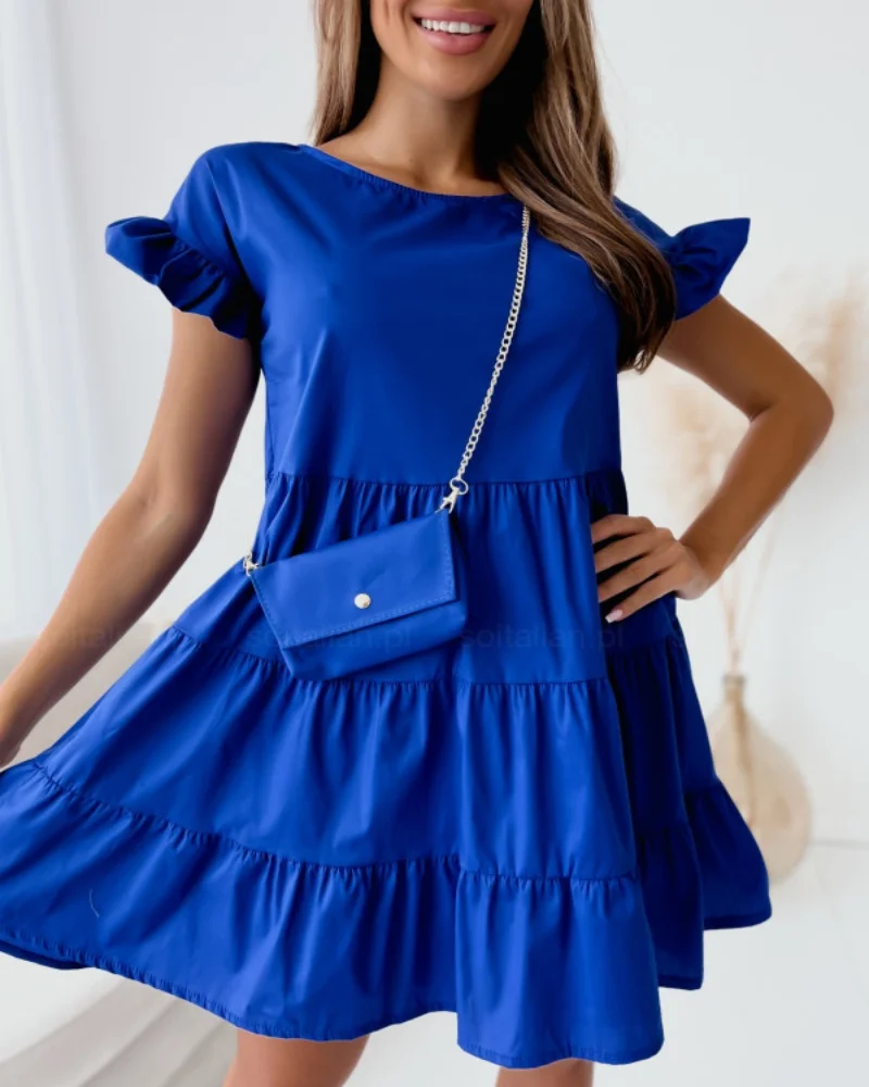 Moda damska letnia jednokolorowa sukienka trapezowa patchworkowy wzór O-Neck Flare z krótkim rękawem luźna talia swetry Mini sukienka — zdjęcie 6