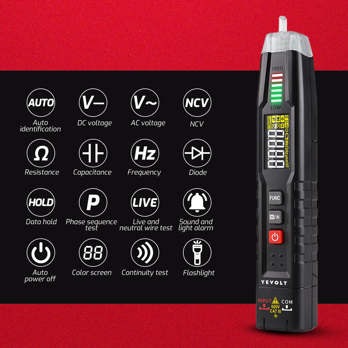 YEVOLT TA13C Smart Multimeter Voltmeter with NCV Measures DC AC Voltage, Resistance, Continuity, Phase, Handheld Voltage Tester