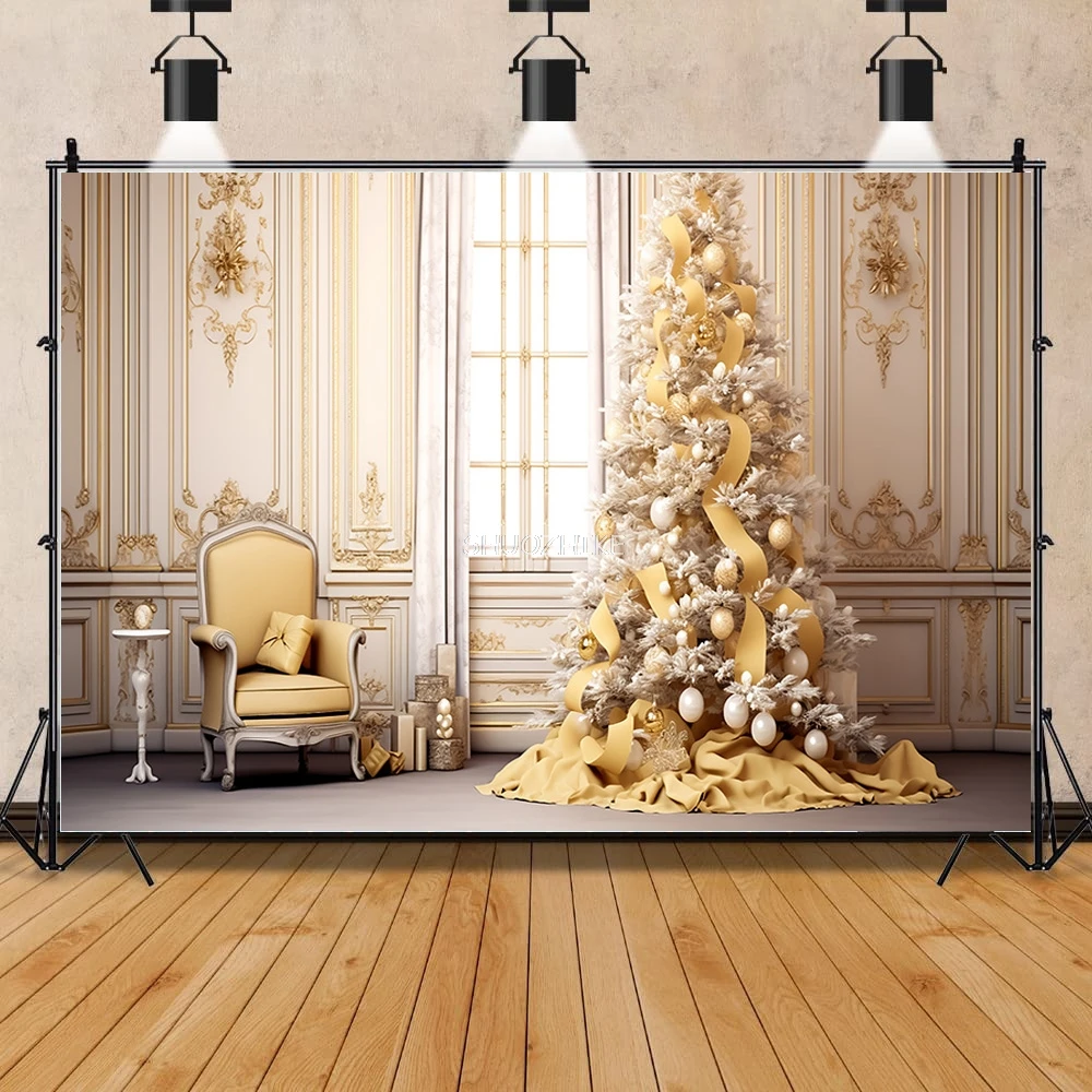 Christmas Day Photography Backdrops Prop Fireplace Window Winter Xmas Tree Decoration Flower Garland Wood Door Background JU-06