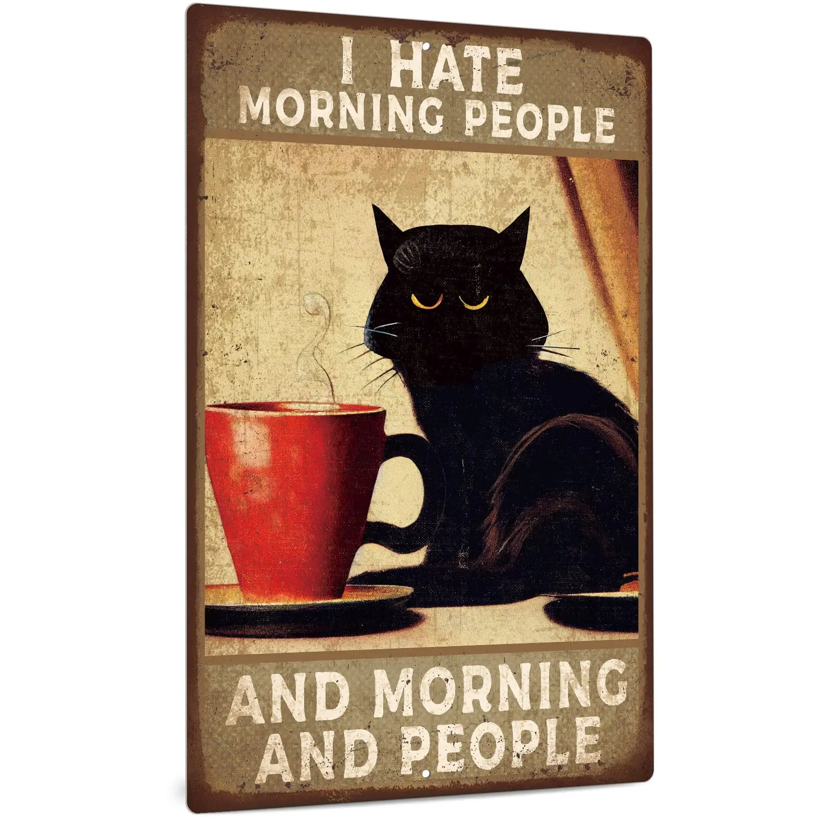 Decor I Hate Morning People Metal Sign, Retro Coffee Cat Wall Decoration for Home Bar, Cafes Pubs, 12x8 Inches