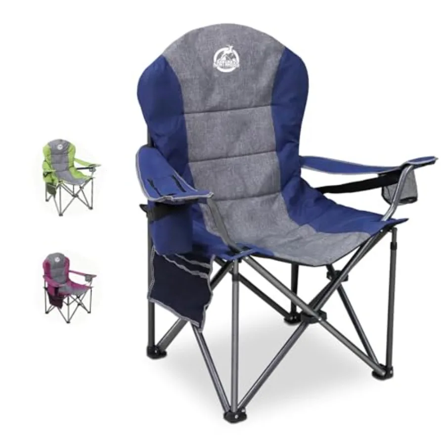 

Oversized Portable Camping Chair for outdoor use, polyester fabric, blue, supports 350 LBS with cup holder, cooler bag, lumbar