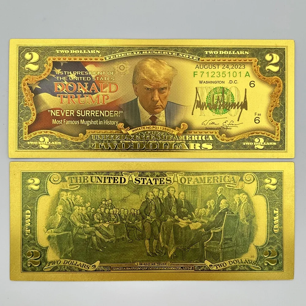 2025 Golden US President Gold Banknotes 2 Dollars Never Surrender Commemorative Voucher 47th American President Bills 10PCS