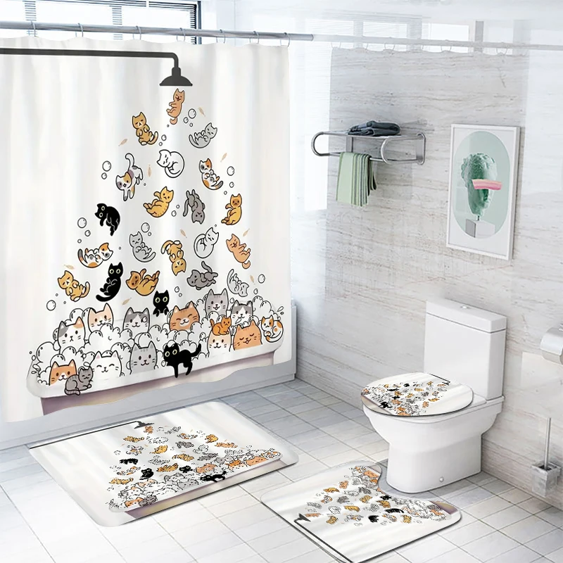 1/4pcs Cute Cat Printed Shower Curtain Set Shower Curtain With 12 Hooks Polyester Bath Curtain Bathroom Partition Decoration