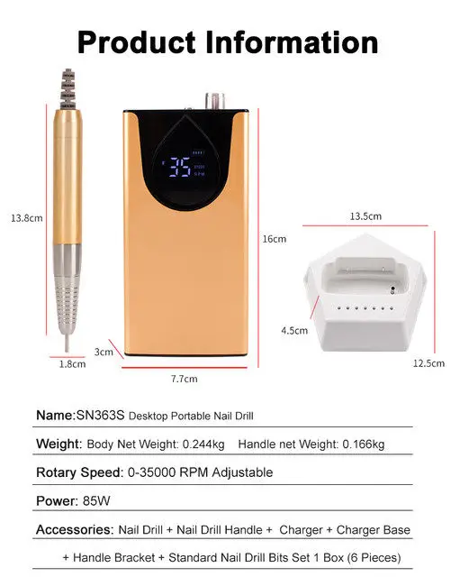 Brushless Portable Nail Drill Desktop Base Cordless Electric Nail File Drilling Machine 35000RPM