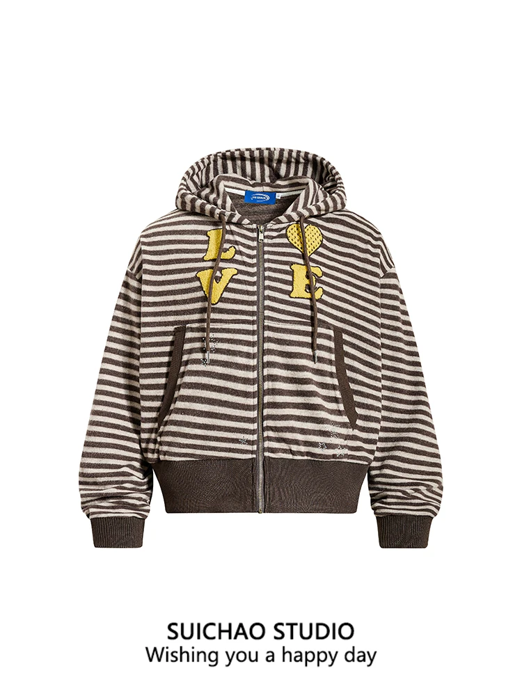 

Мужская толстовка Suichao в американском ретро-стиле, свободная, в полоску, для отдыха и учебы, с длинными рукавами, на молнии