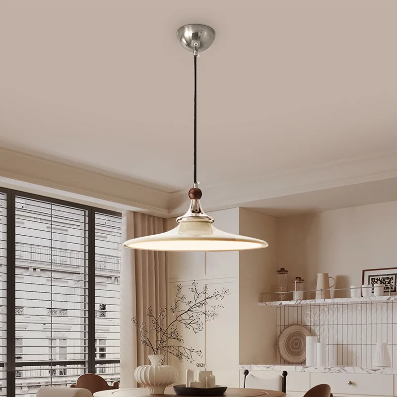 Vintage Cream Dining Room Pendant Light Eye Protection French Retro Minimalist Saucer Ceiling Lamp for Bedroom Bar Tea Room