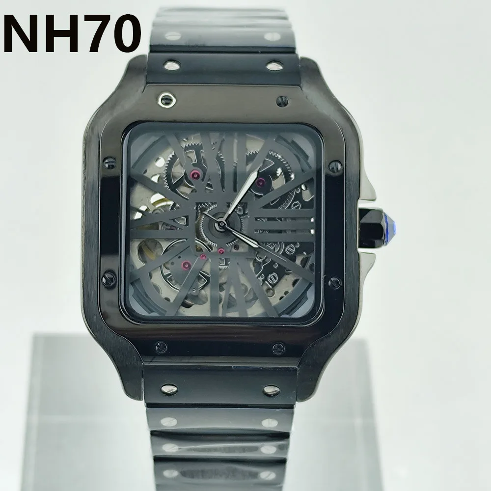 

New NH70 watch square watch men's stainless steel automatic mechanical watch hollow dial NH70 movement sapphire glass