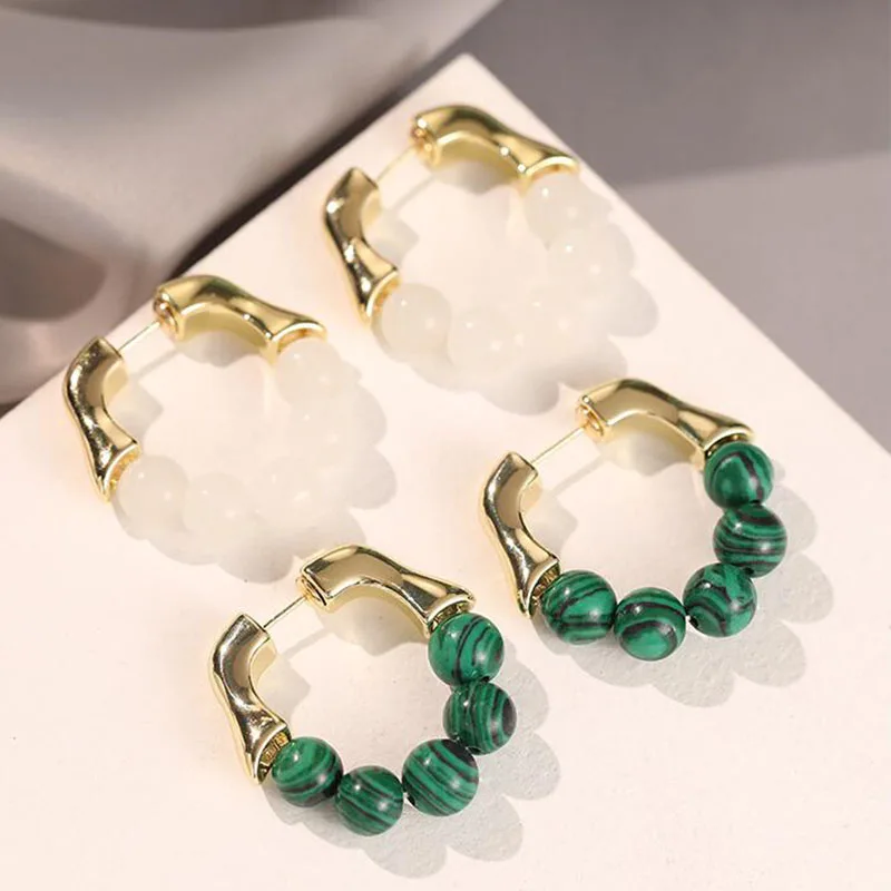 French Designer Handmade Green Bead Earrings Fashion Unique Irregular Gold Hoop Earrings For Women Jewelry