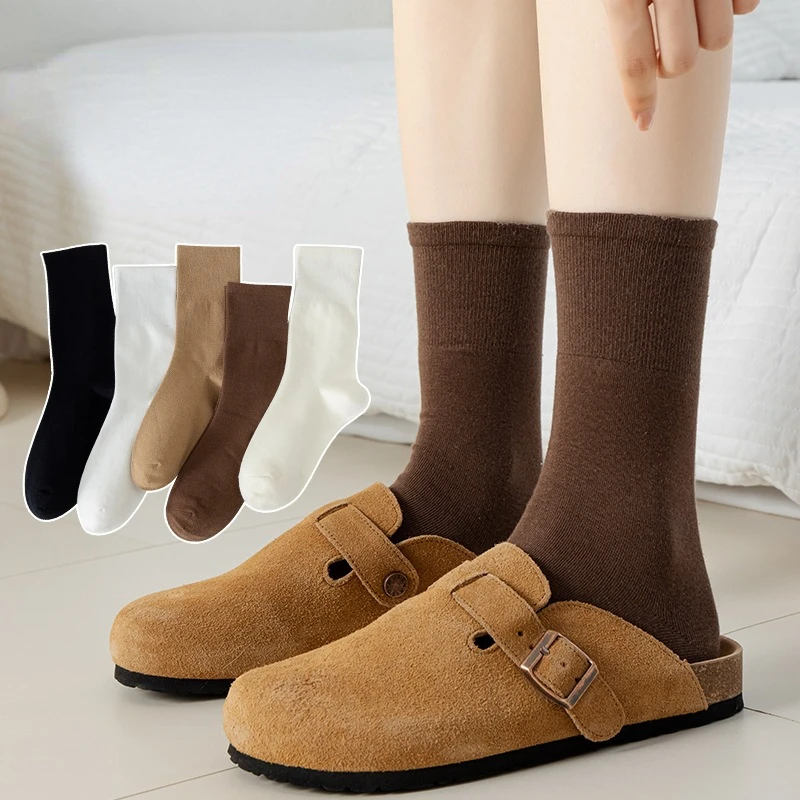 5 Pairs Of New Japanese Socks Set Solid Color Women's Casual Cotton Socks Autumn Simple Women's Medium Length Socks