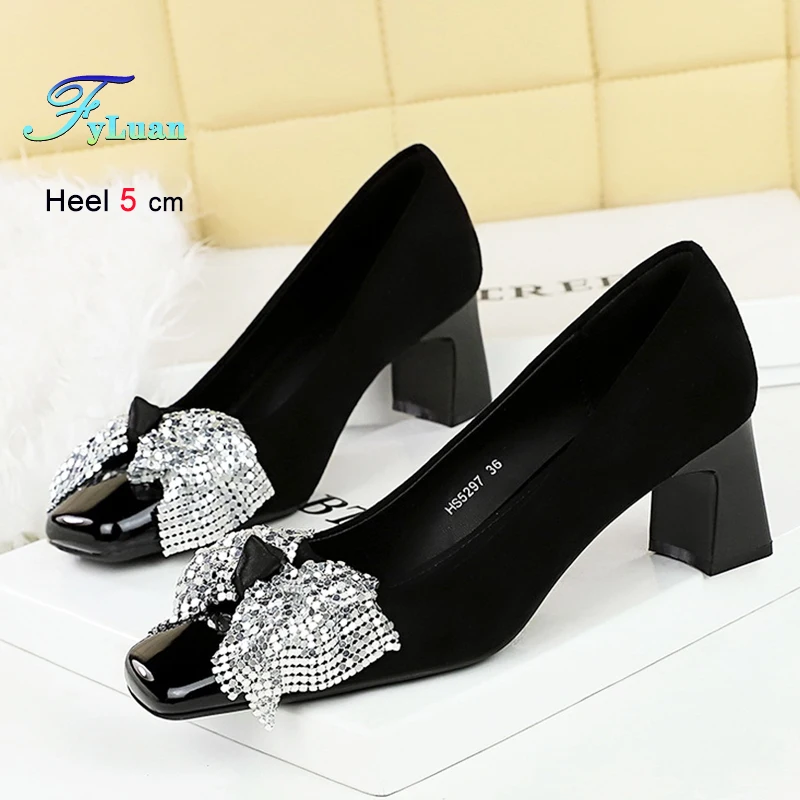 

2025 Shallow Mouth High-Heeled 5cm Women's Shoes Sparkling Bow Square Toe Thick-Heeled Suede Pumps Professional Commuting Shoes