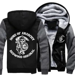 Moletons com zíper de inverno liberal masculino, Sons of Anarchy Chaos, casacos de algodão velo, jaqueta com zíper, moletom MC Thicken, 2021