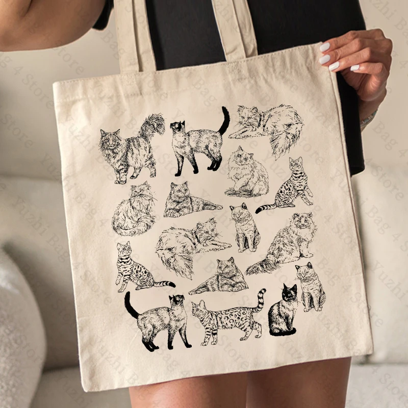 Bolso de mano de lona con patrón de gato lindo para mujer, bolsas de compras de estilo Retro Vintage, bolsas de arte, regalo para amantes de los gatos, bolsa de compras de gran capacidad