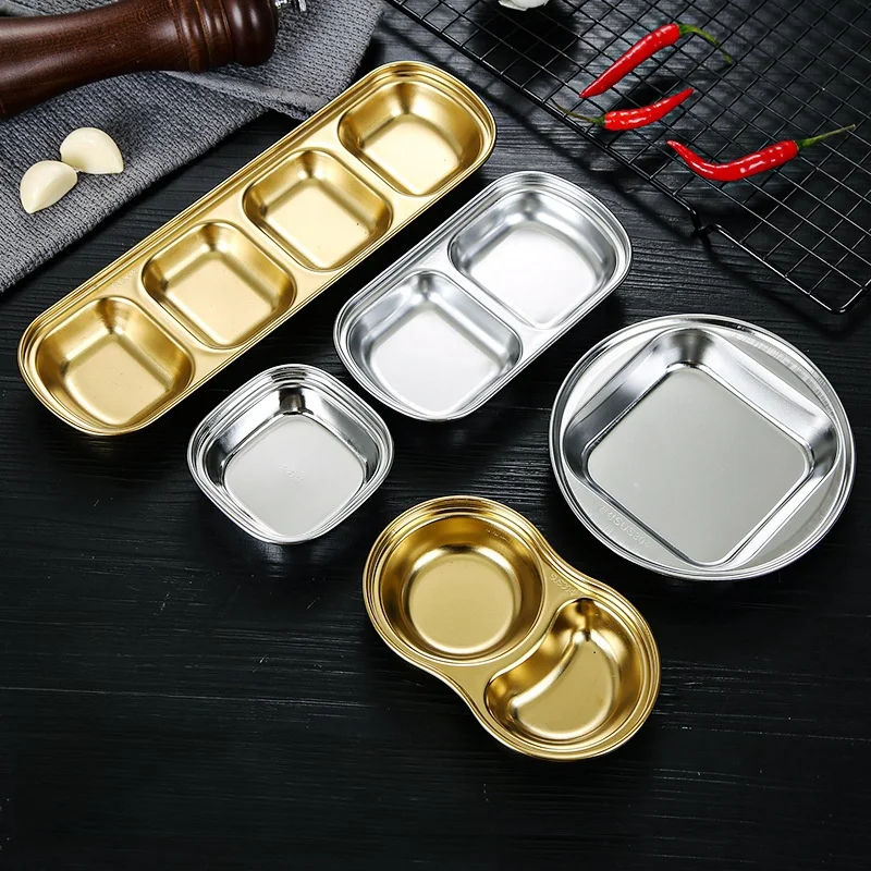 Golden Sauce Plate Stainless Steel Flavor Plate Two-compartment Divided Dipping Plate Korean Barbecue Western Food Gravy Boats