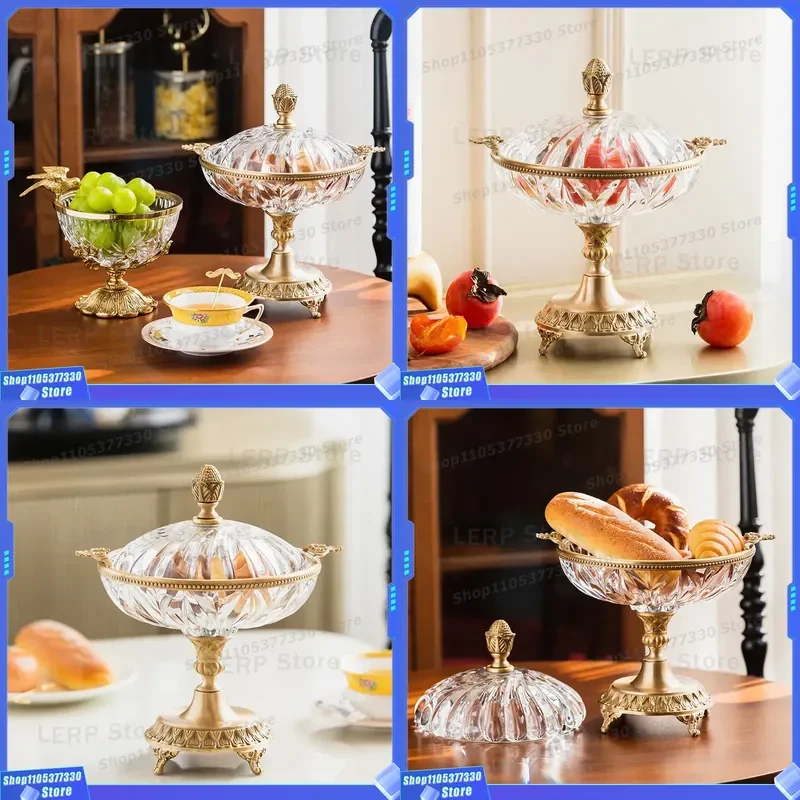 European Light Luxury Carved Brass Glass Storage Jar Ornament for Living Room Home Decor Advanced Fruit Plate Decoration Jedi