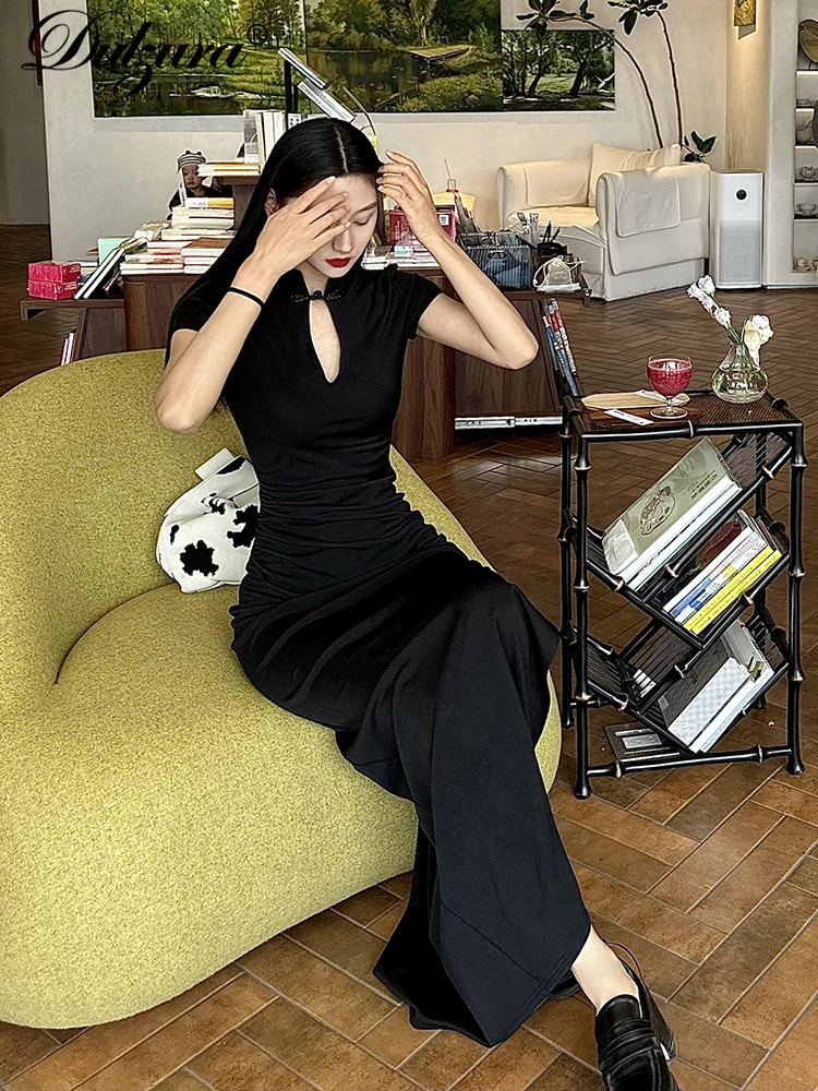 Dulzura 2024 elegante novo estilo chinês vestido sólido manga curta sexy split midi vestidos femininos festa de noite cocktail streetwear