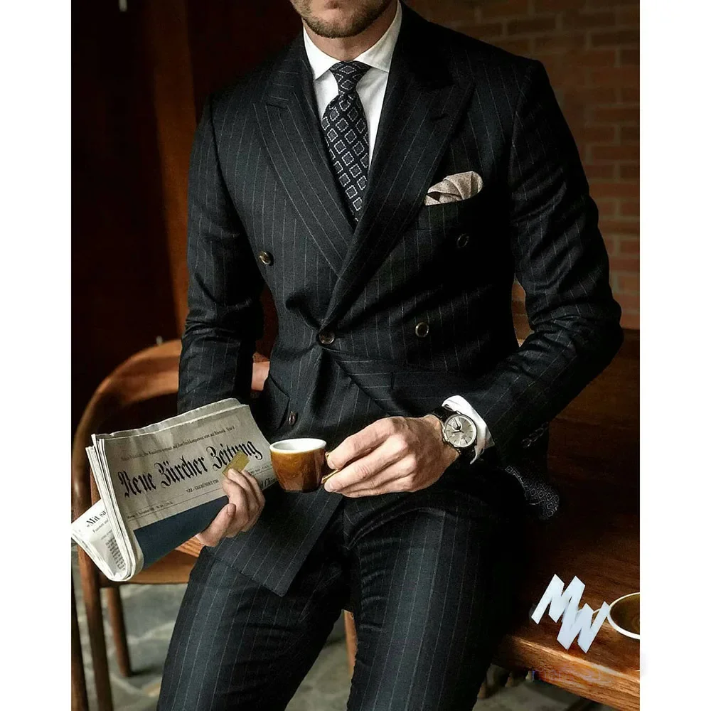 Luxury Black Men Suits Regular Length Double Breasted Peak Lapel Flat Front 2 Piece Jacket Pants Elegant Male Clothing Terno