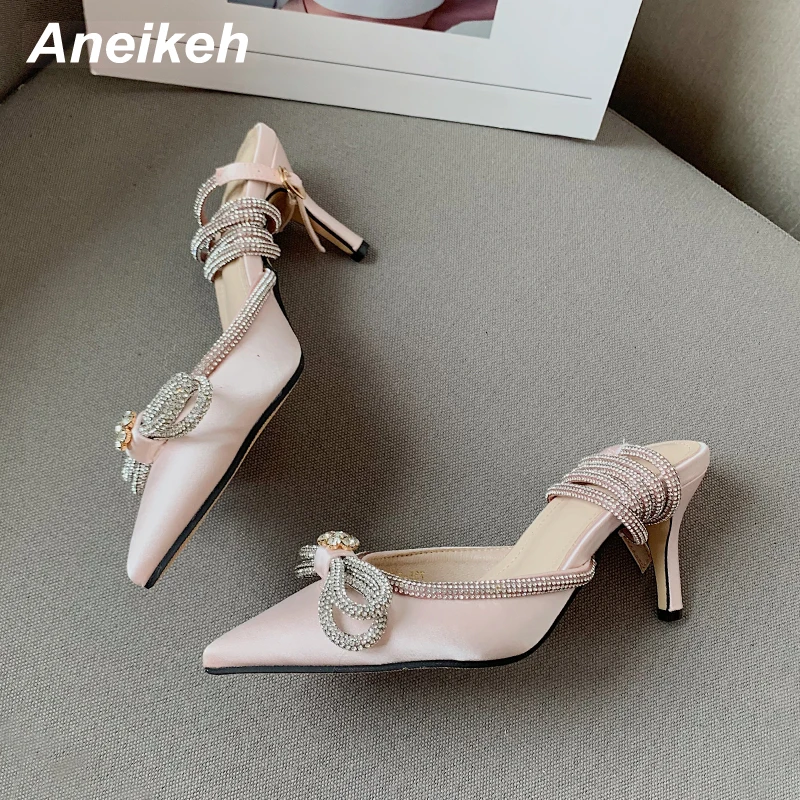 Aneikeh Sexy Pointed Toe High Heel Women Shoes Classics Bling Crystal Butterfly-Knot Decoration Buckle Strap Slingbacks Pumps