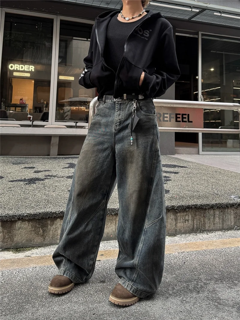 

Прямые джинсы с высокой талией в стиле ретро, мужские осенние модные свободные брюки High Street Sle, износостойкие классические синие джинсовые брюки