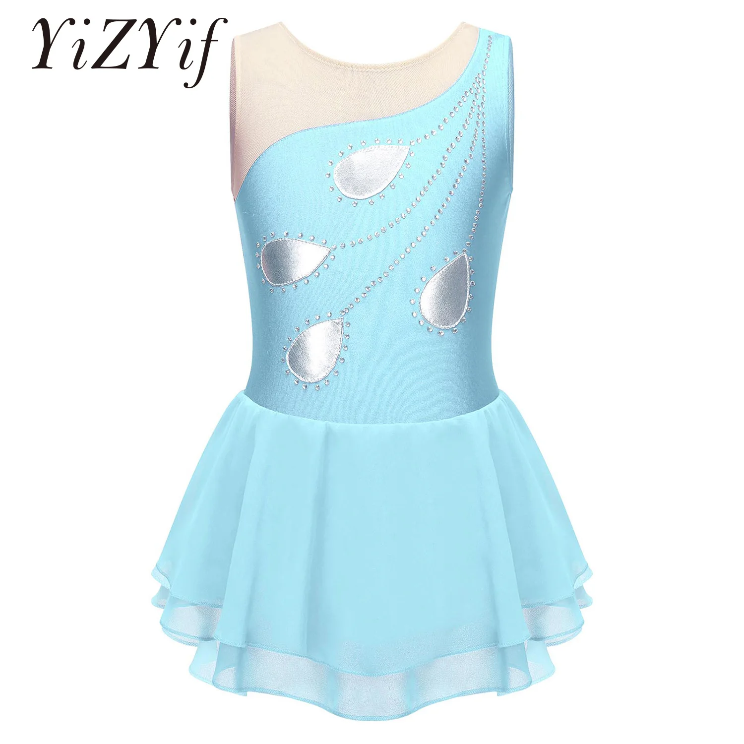 Kids Girls Figure Ice Skating Dress Sleeveless Shiny Lyrical Ballet Dance Gymnastics Leotard Dress Skating Competition Costume