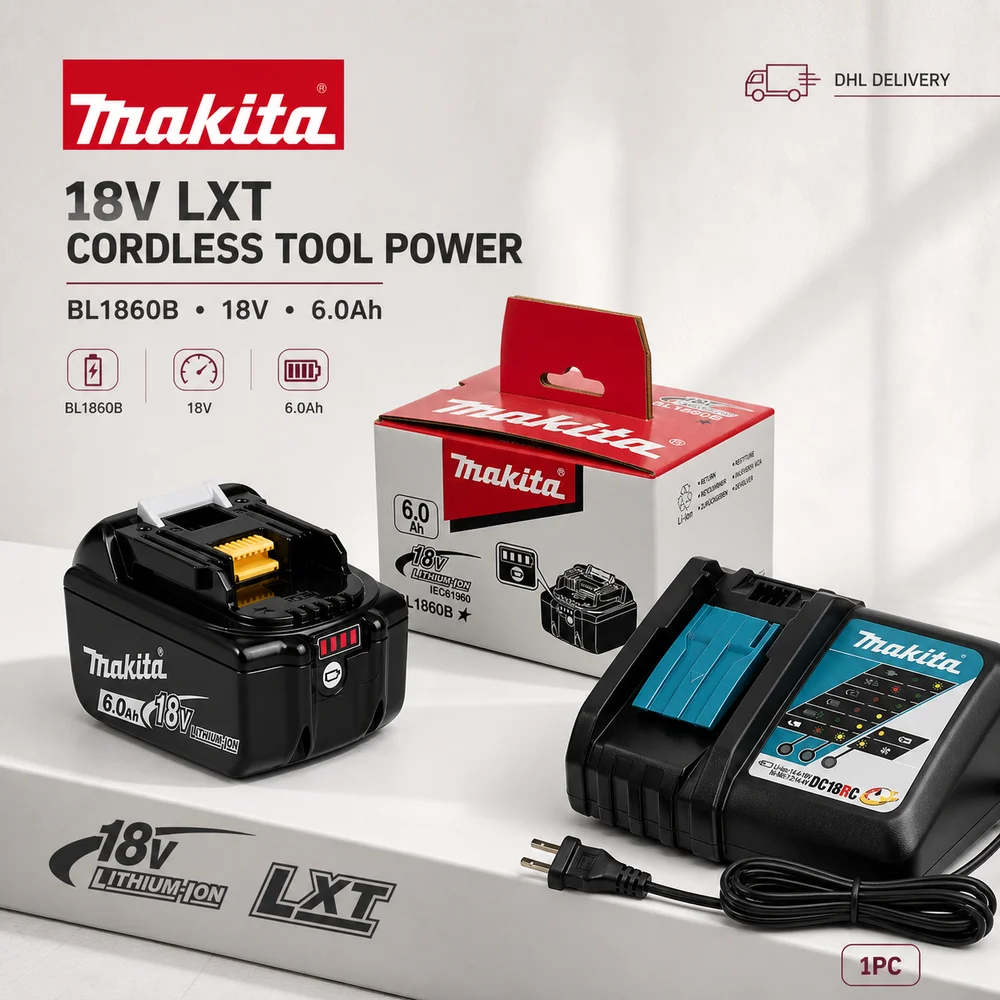 Original Makita BL1860B 18V 6,0Ah Li-Ion-Akku für 18V LXT-Werkzeuge, kompatibel mit BL1815 BL1815N BL1820 BL1830B BL1850B BL1860, BDF453SHE BDF454Z BHP452, nur Akku oder DC18RC Schnellladegerät,