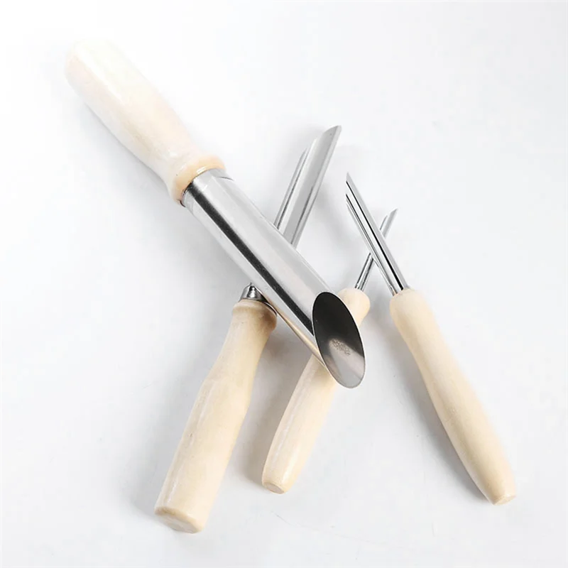 4PCS  Tools Stainless Steel Punch Pot Hole Drilling Round Practical Wooden Handle Manual Set White&Silver