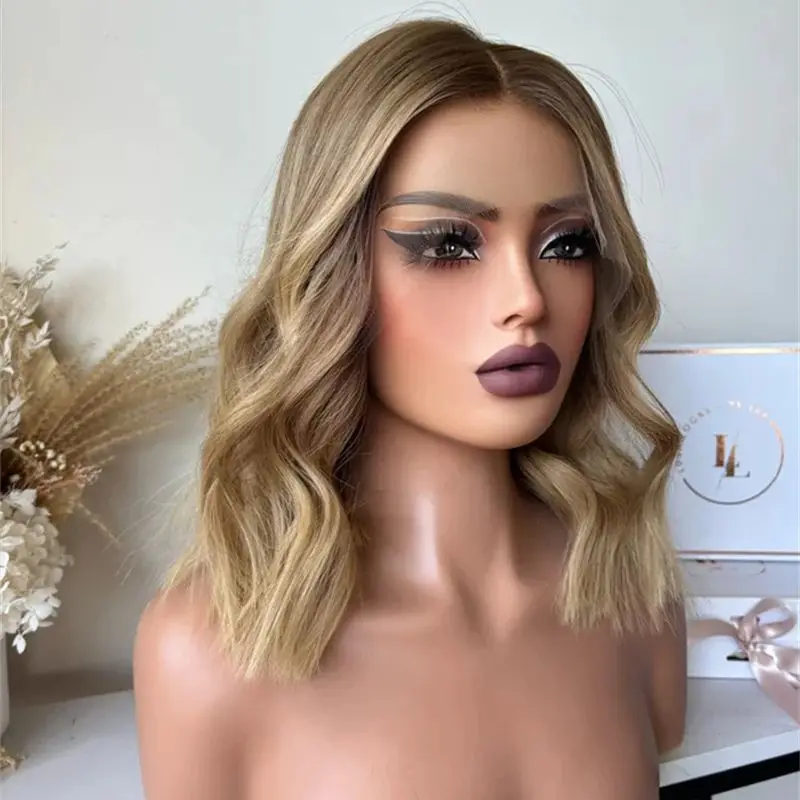 

Синтетический парик с HD-кружевной передней частью, короткий волнистый боб, омбре золотисто-русый с коричневым, без клея, с предварительно проработанной линией роста волос, для вечеринок, малый и большой размеры