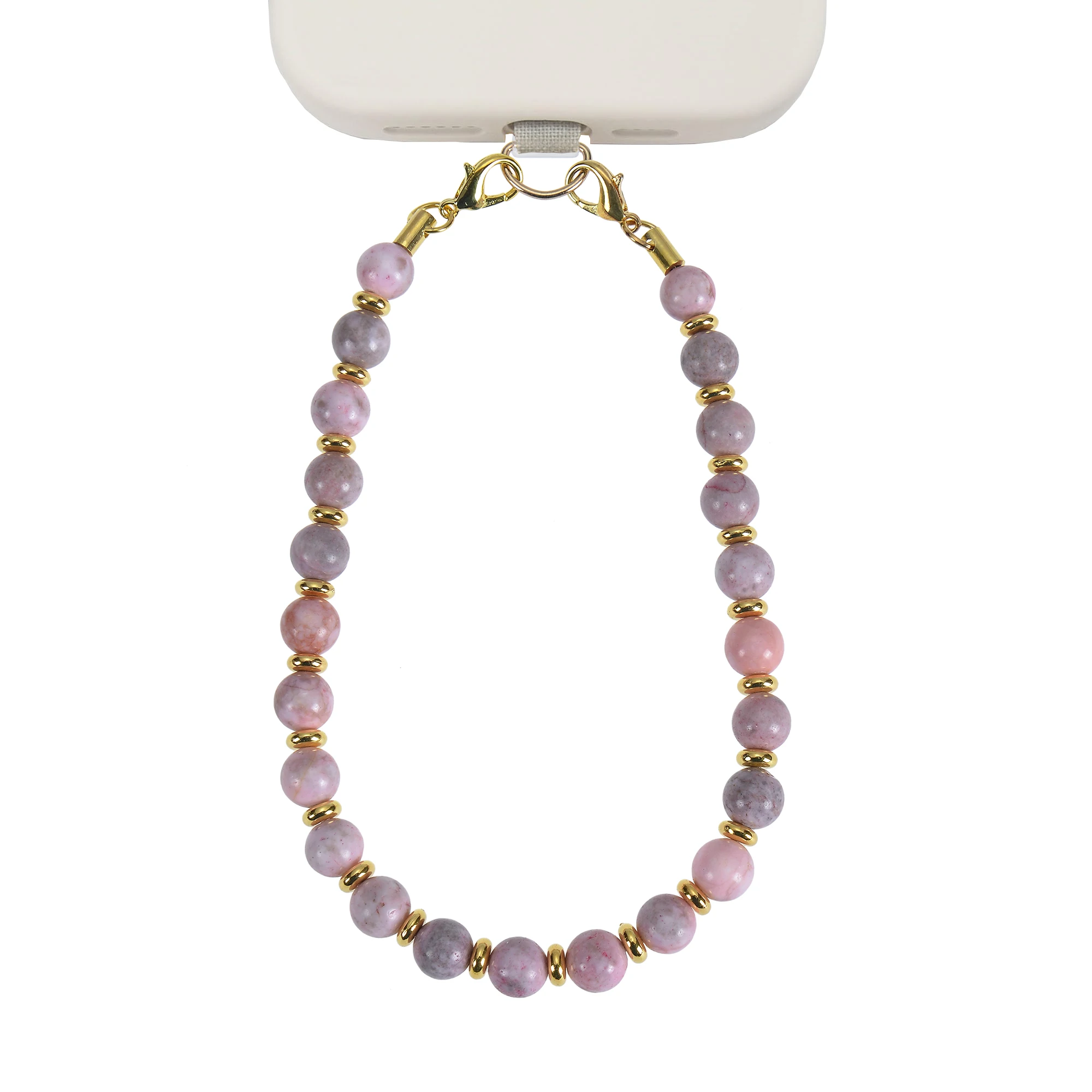 Natural Stone Beaded Phone Wristlet Pink Zebra Stone Agate Detachable Phone Camera Lanyard Fashion Accessory for Women