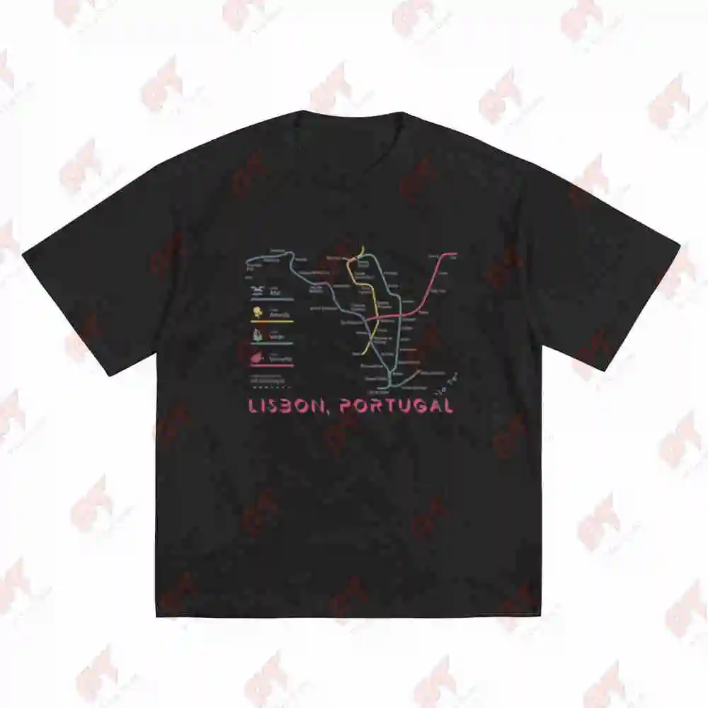 Lisbon Portugal Traffic Metro Map Art Portuguese Roots Geometric Pattern Short Sleeve Tee 100% Cotton T-Shirt