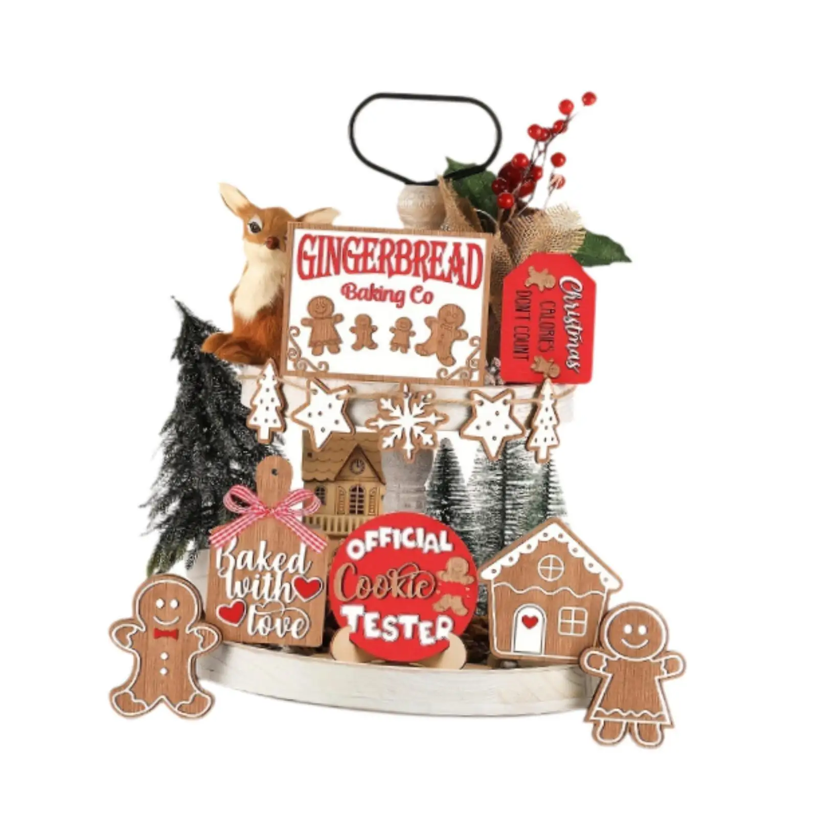 12 Pieces Xmas Tiered Tray Gingerbread Man Festive Christmas Tiered Tray Decor Set for Tabletop Indoor Party Mantle Holiday