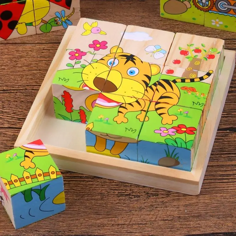 

Wooden Blocks 9Pcs/Set Baby Toys Six Side Cube Jigsaw Puzzles Animal Fruit Traffic