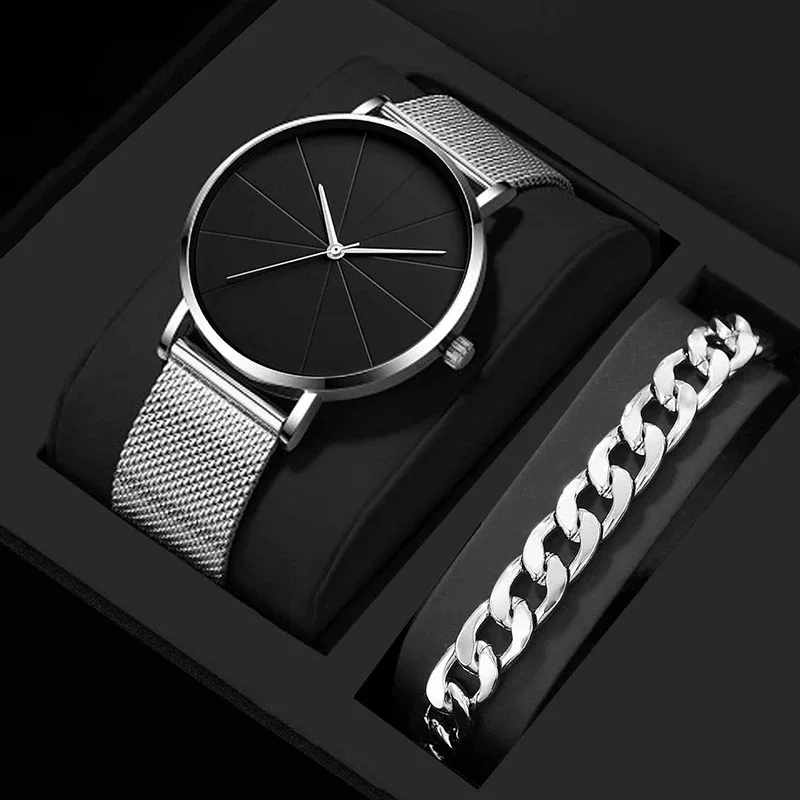 Mens Fashion Business Quartz Wristwatch Fashion 2Pcs Men Watch Stainless Steel Mesh Belt Men Luxury Silver Bracelet Watches