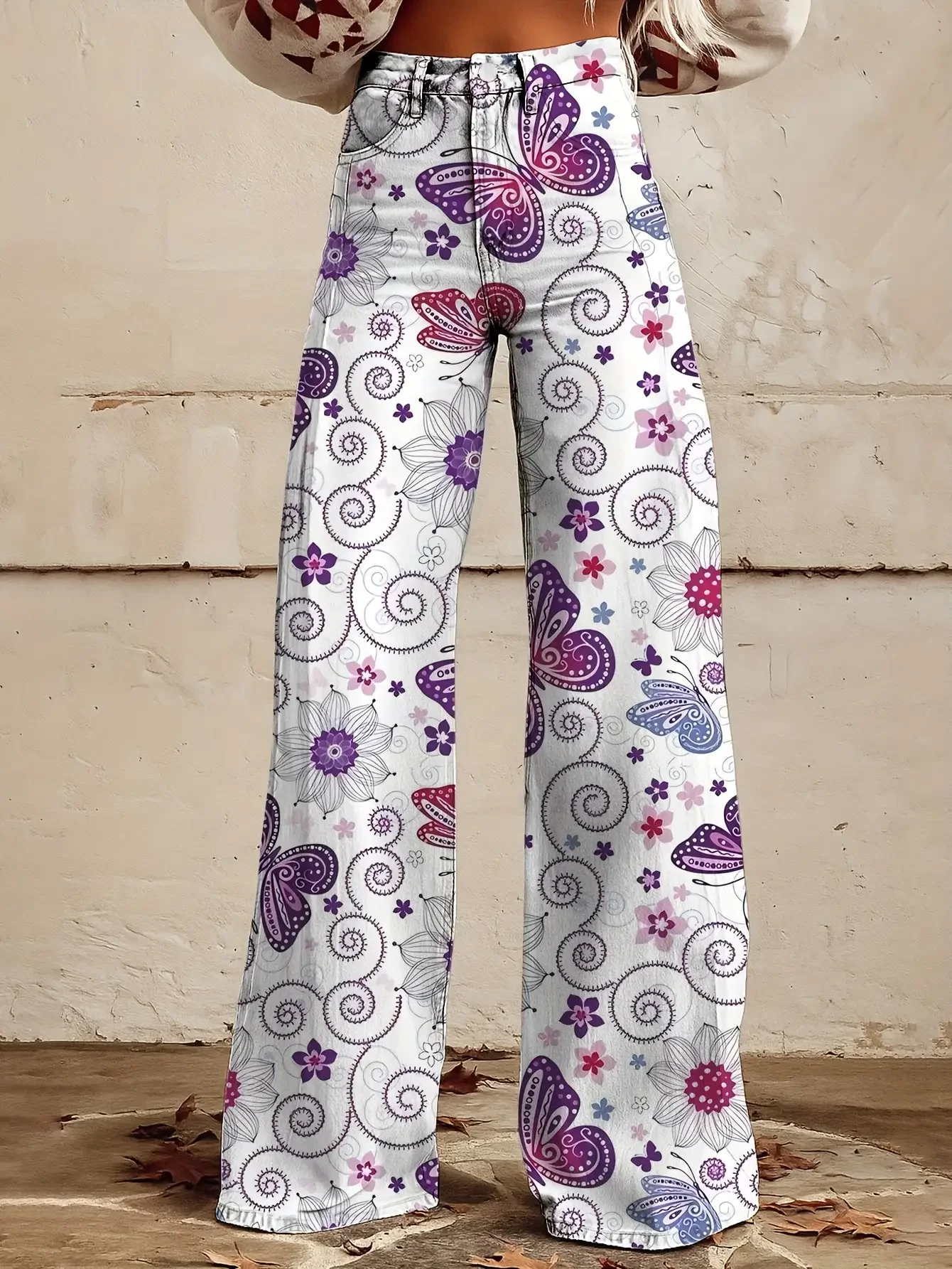 2026 Women's printed geometric pattern wide leg imitation jeans, Ground length winter pants