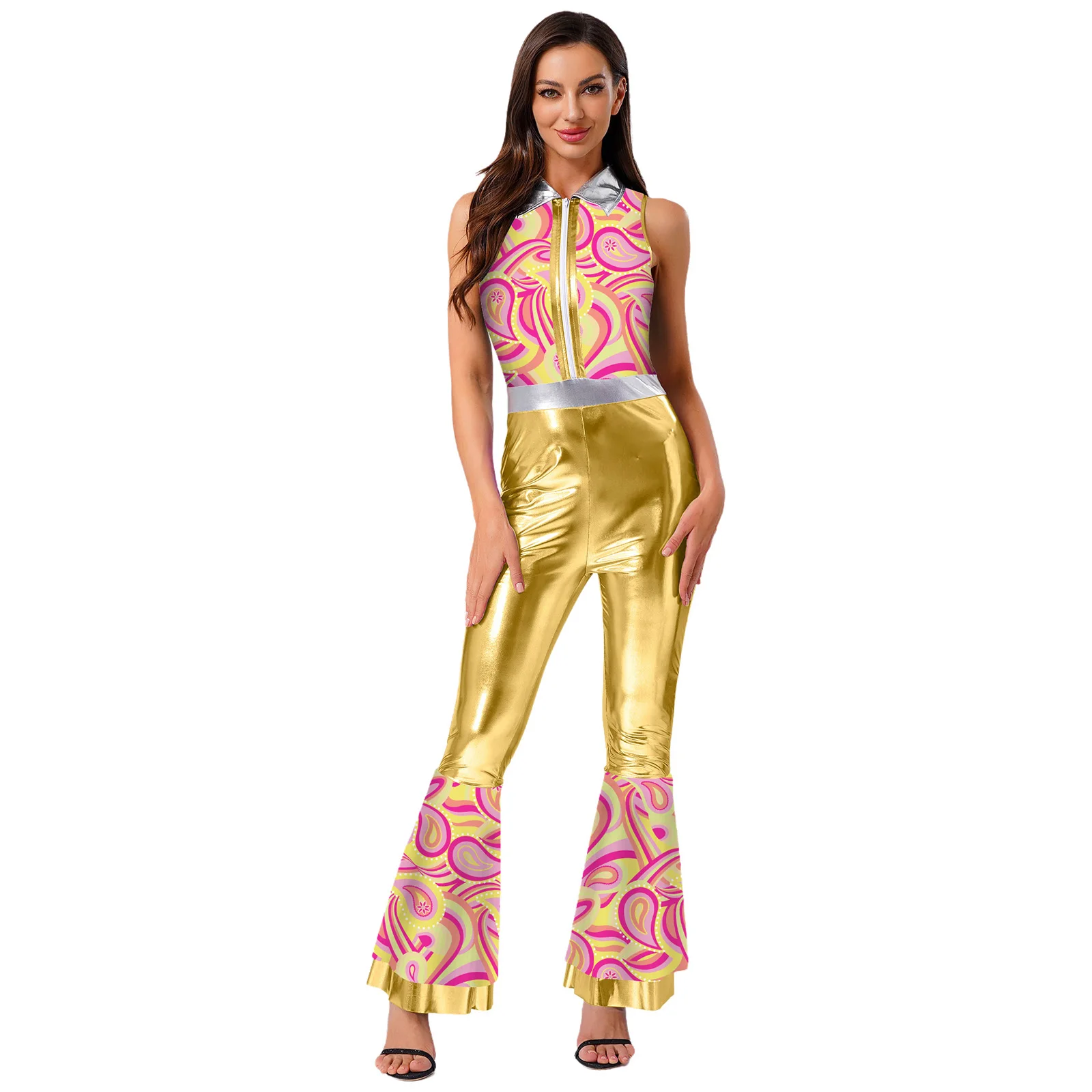 

Women's Fashion Metallic 70s Disco Jazz Dance Rompers Shiny Patchwork Sleeveless Flared Long Pants Jumpsuit for Club Party Wear