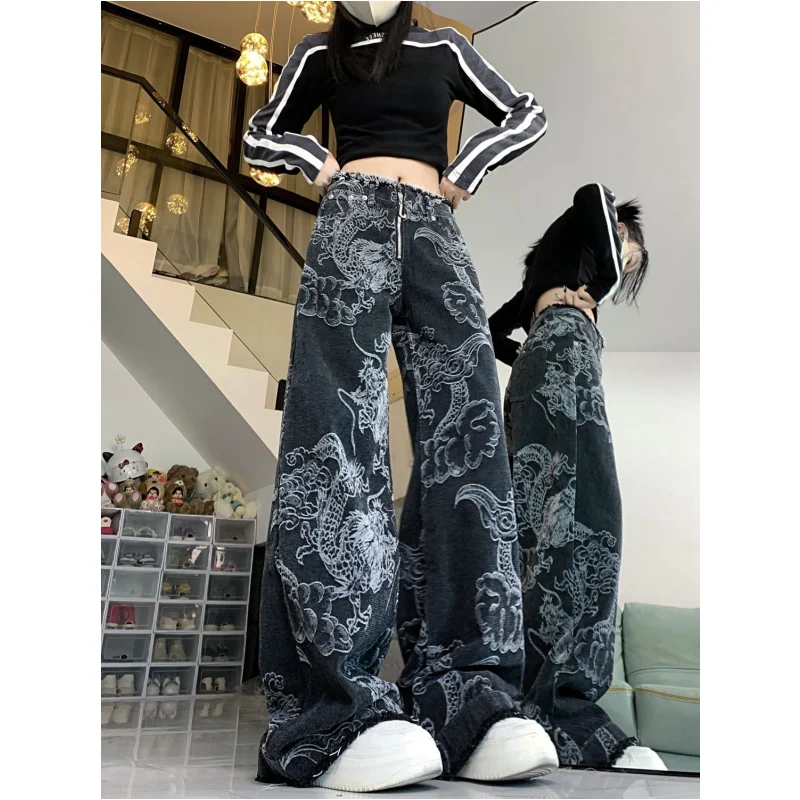 

Black High Waist Womens Jeans Vintage Straight Baggy Print Pants Streetwear American Fashion Y2K Casual Wide Leg Denim Trouser