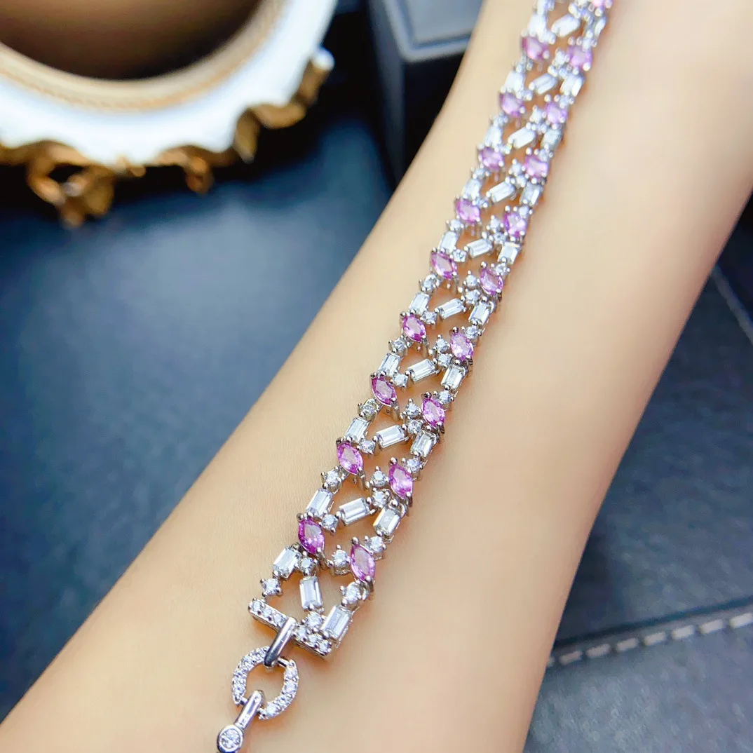 Natural Pink Sapphire Tennis Bracelet 2.5x4mm Marquise Cut 925 Silver with CZ Accents Hollow Out Statement Bracelet