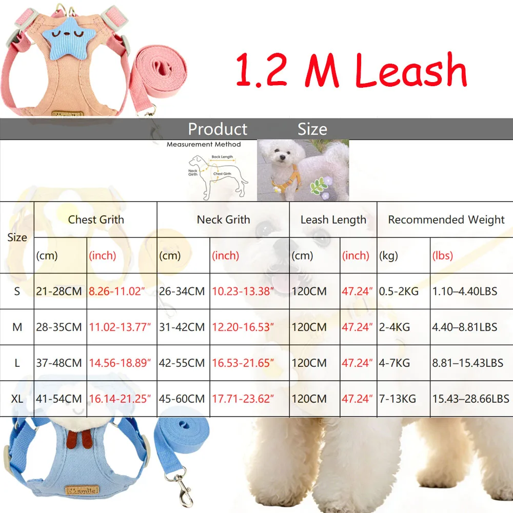 1 PCS Small Dog Harness and Leash Set, Cute Flower Cloud Star Ornaments, Breathable Pet Vest Harness, 1.2M Leash
