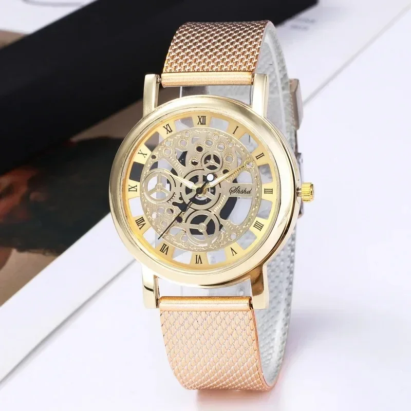 New Fashion Top Women Hollow Skeleton Faux Mechanical Watch Ladies Metal Mesh Quartz Wrist Watches For Female Relogio Feminino