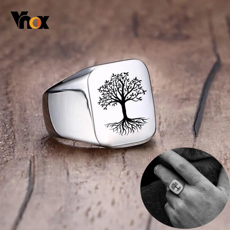 Vnox Rock Punk Tree Of Life Signet Rings for Men Jewelry Custom Words Images Personalize Engrave Gifts for Him Jewelry