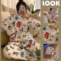 Disney Cartoon Toy Story Home Clothes Female Plush Cardigan Tops Trousers 2 Piece Sets Women Soft Flannel Nightdress  Sleepwear